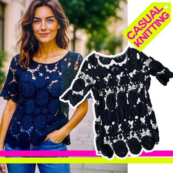 Black Knitted Lace Blouse | Openwork Embroidery | Small - Picture 1 of 6